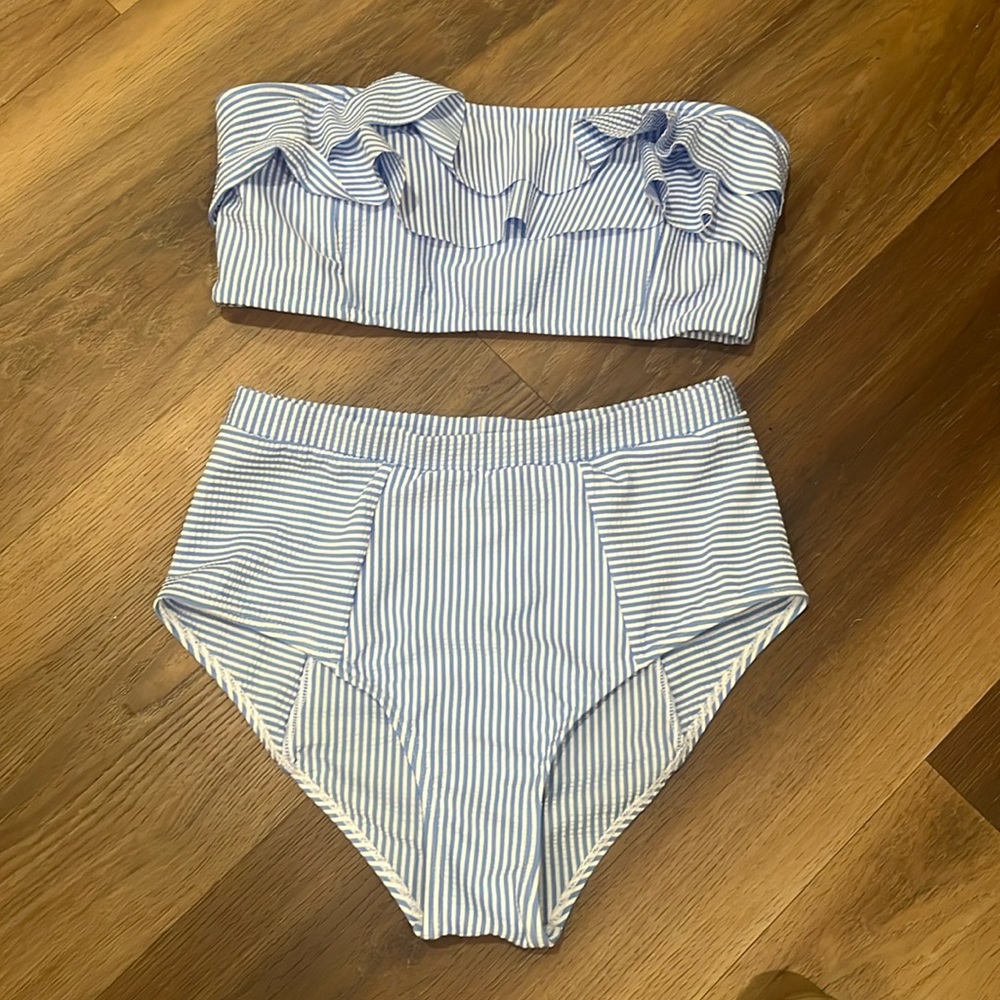 Blue stripe seersucker high waisted swim BOTTOM ONLY
